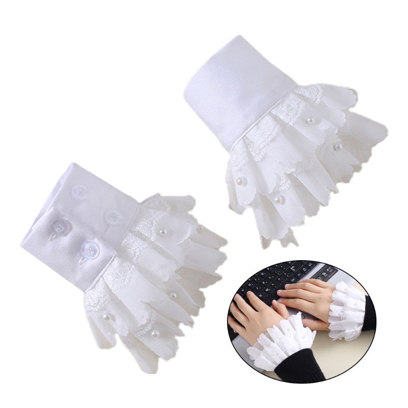 AUTU  Korean Ladies Double Layer Detachable Cuffs Chiffon Pleated Ruffles Lace Imitation Pearl Beading Fake Sleeves Sweater Decorative Wristband Clothing