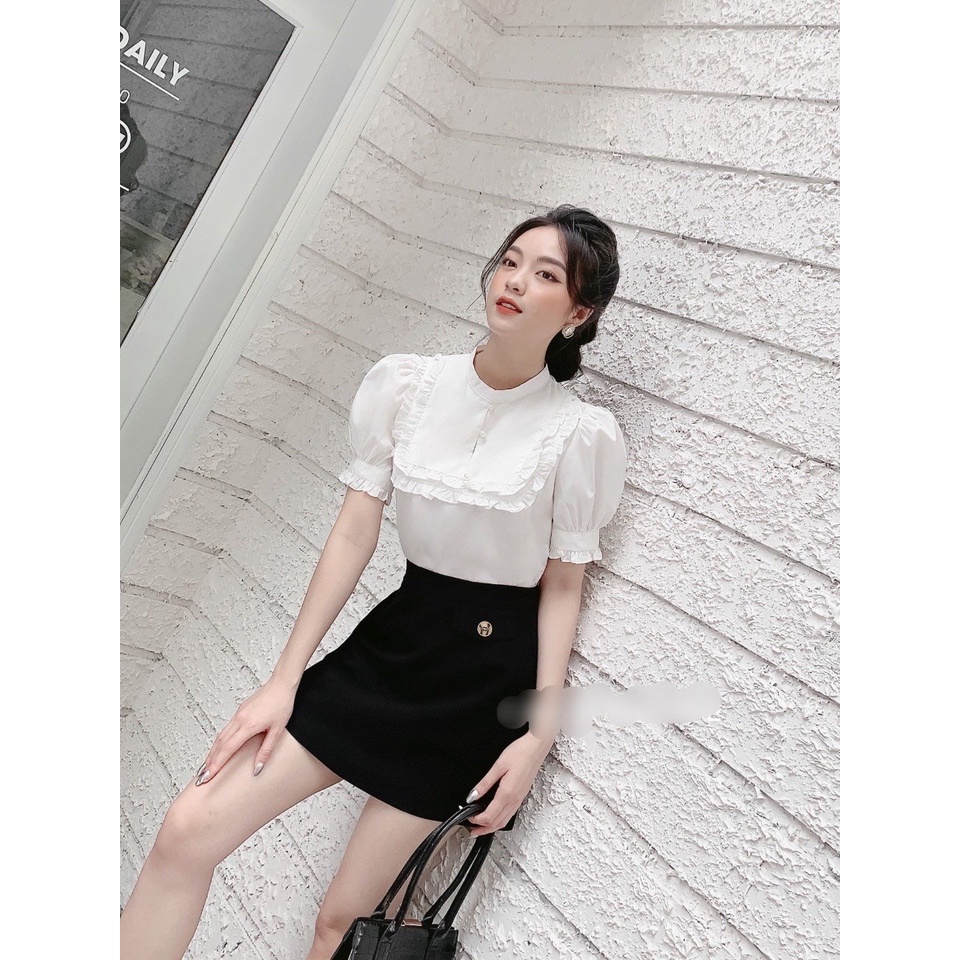 Áo sơ mi nữ trắng cộc tay 💖Gloria Shop💖 áo sơ mi kiểu nữ công sở cổ đức phối bèo đính cúc ngọc [SMT cộc tay] | BigBuy360 - bigbuy360.vn