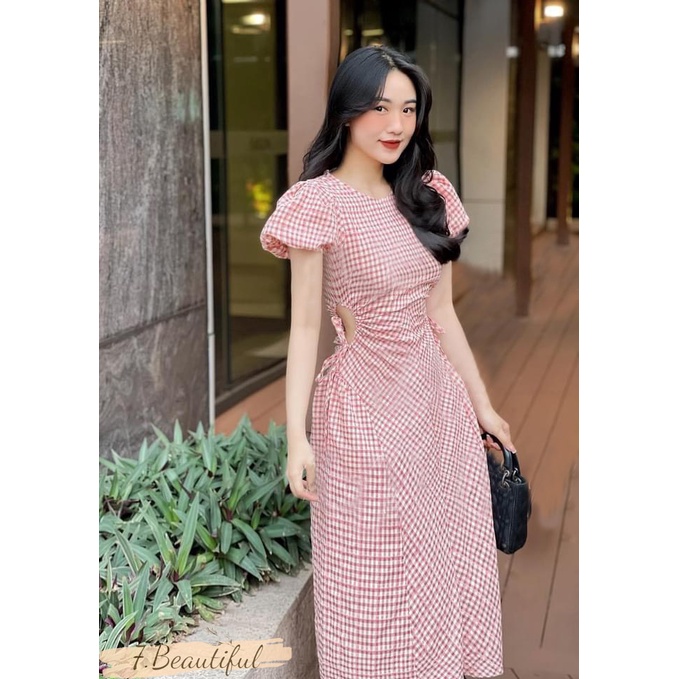 Đầm nữ, váy kẻ caro hồng rút eo tay bồng, phong cách nhẹ nhàng tiểu thư 7.Beautiful V118