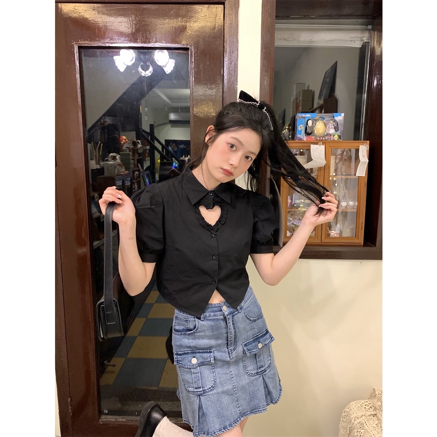 Áo Sơ Mi Croptop Aimeehouse Tay Phồng Cutout Hình Trái Tim Phong Cách Trẻ Trung Nữ Tính