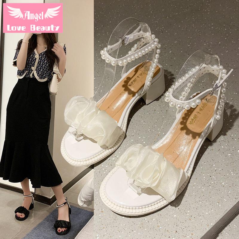 Angel~[hàng Có Sẵn] Giày Sandal Gót Vừa Dày Trung Bình Phong Cách Mùa Hè Thời Trang Dành Cho Nữ 2022