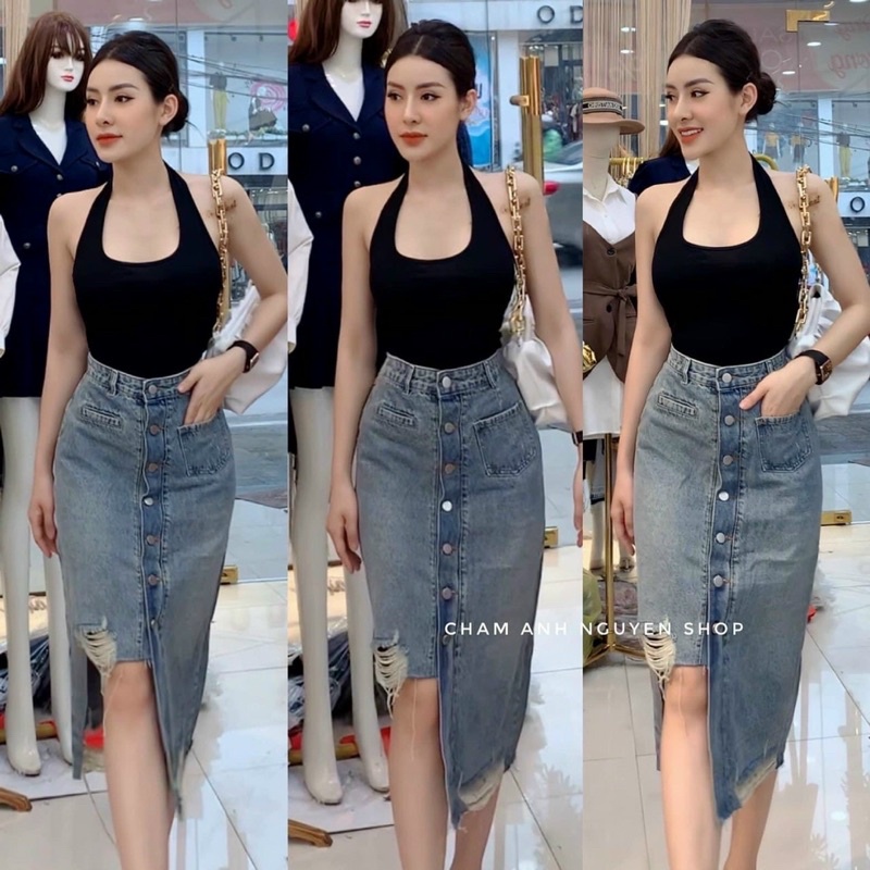 [hình thật] Chân váy jeans 7khuy, chân váy bò rách lệch cạp cao giá rẻ-shopbelinh