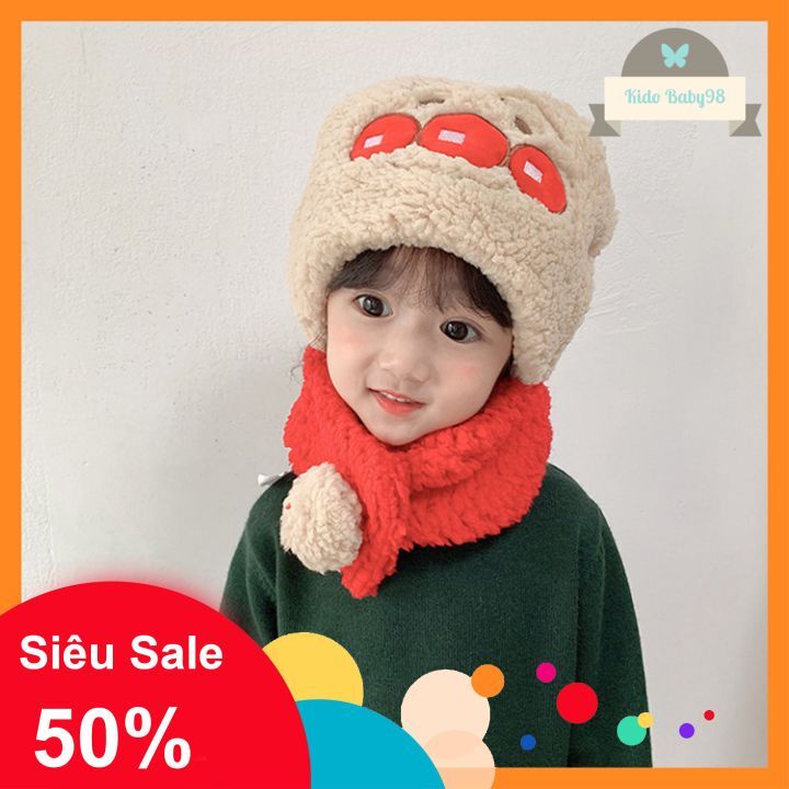 Mũ nón cho bé- Mũ len lông cừu liền khăn hoạt hình dễ thương (2-8y)- Kiddo Shop