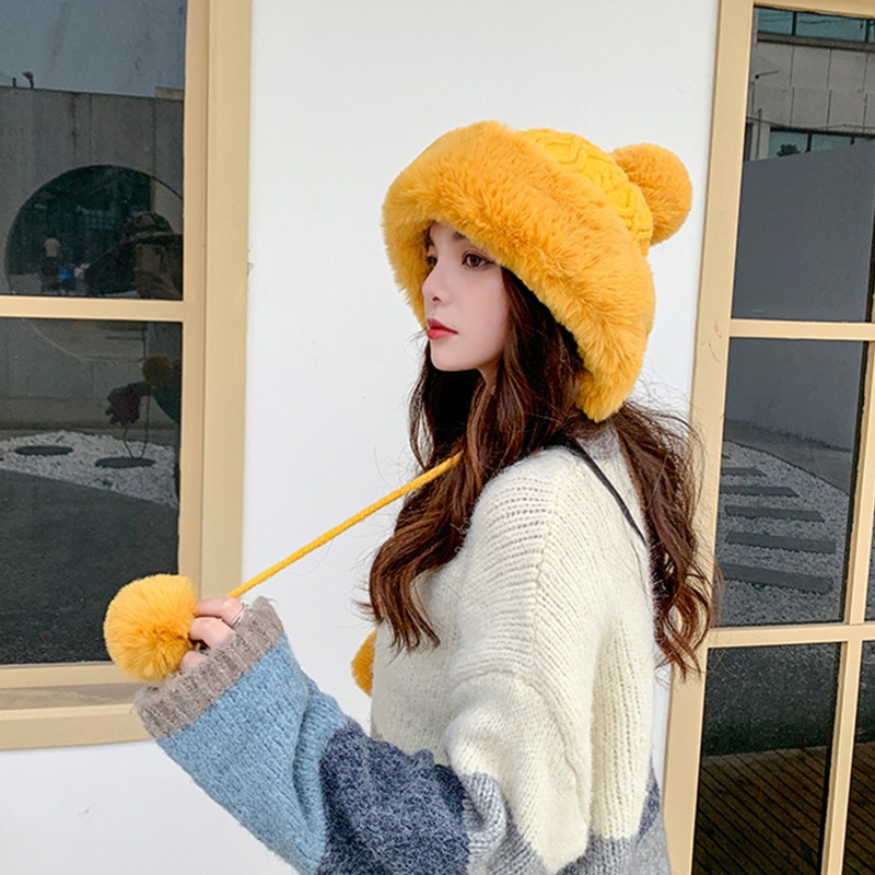 Mũ Len Dày Dặn Giữ Ấm Mùa Đông Chống Gió Màu Trơn Gắn Quả Bông Dễ Thương Cho Nữ