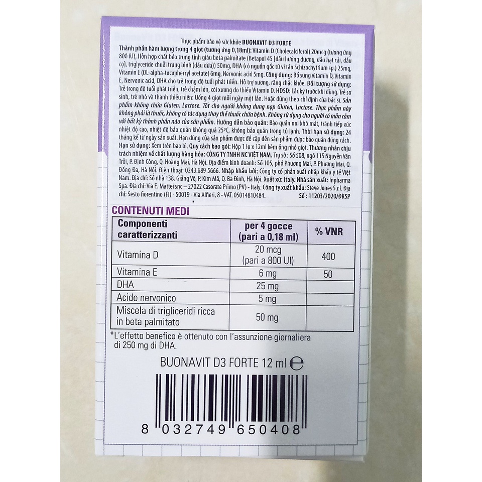 Vitamin D3 nhập khẩu ý Buona lọ 12ml. Buonavit D3 Forte Bổ sung vitamin d và dha giúp phát triển trí não và chiều cao