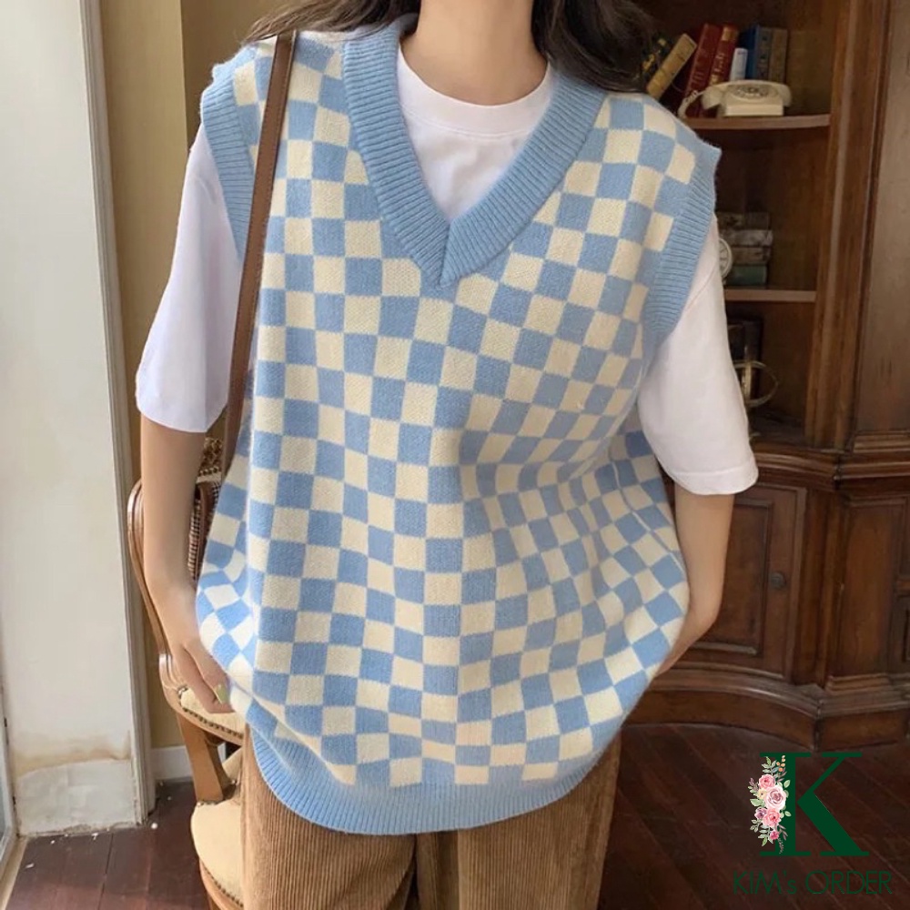 Áo len gile cổ chữ V kẻ caro xanh trắng nam nữ unisex không tay sát nách chất len loại 1 dày dặn mịn năng động đi học