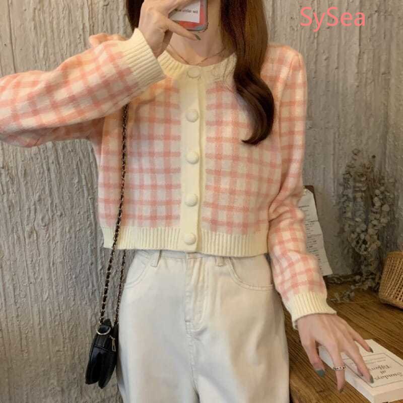 Áo Khoác Cardigan Dệt Kim Kẻ Sọc Caro Phong Cách Hàn Quốc Cho Nữ