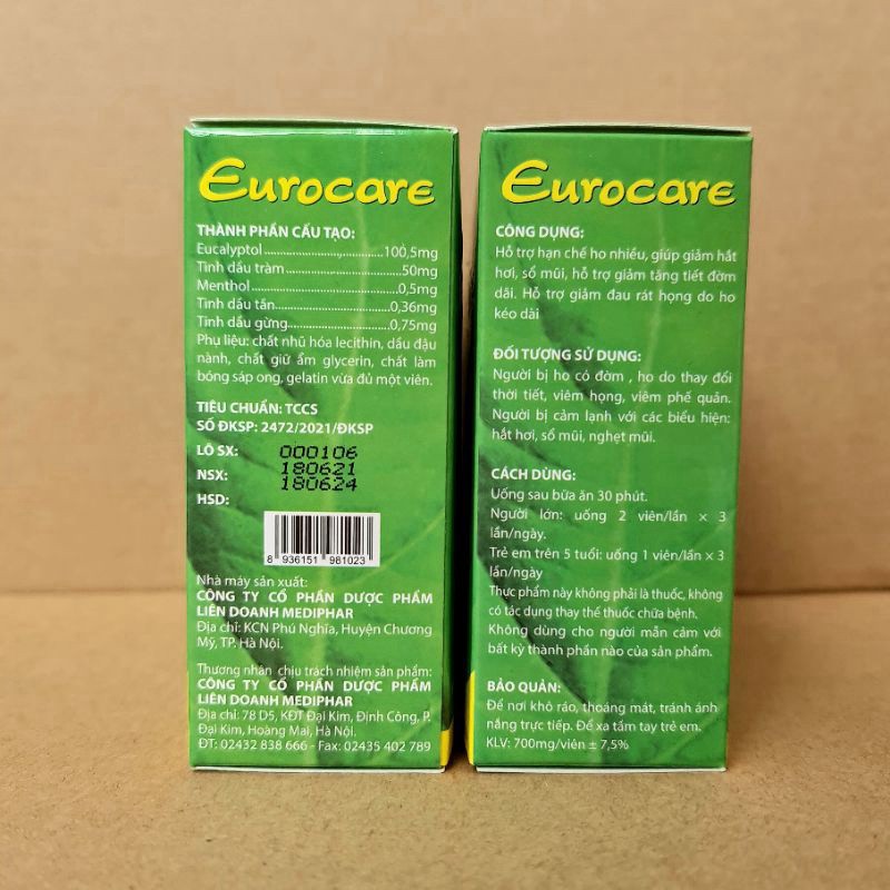 Eurocare - Giảm ho, thông thoáng mũi họng - Hộp 100 viên