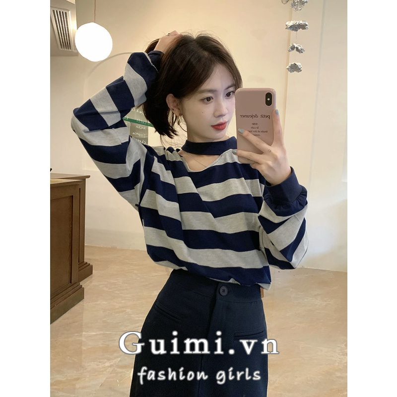 Áo kiểu NZN cổ yếm họa tiết kẻ sọc phong cách Hàn Quốc thời trang thu đông