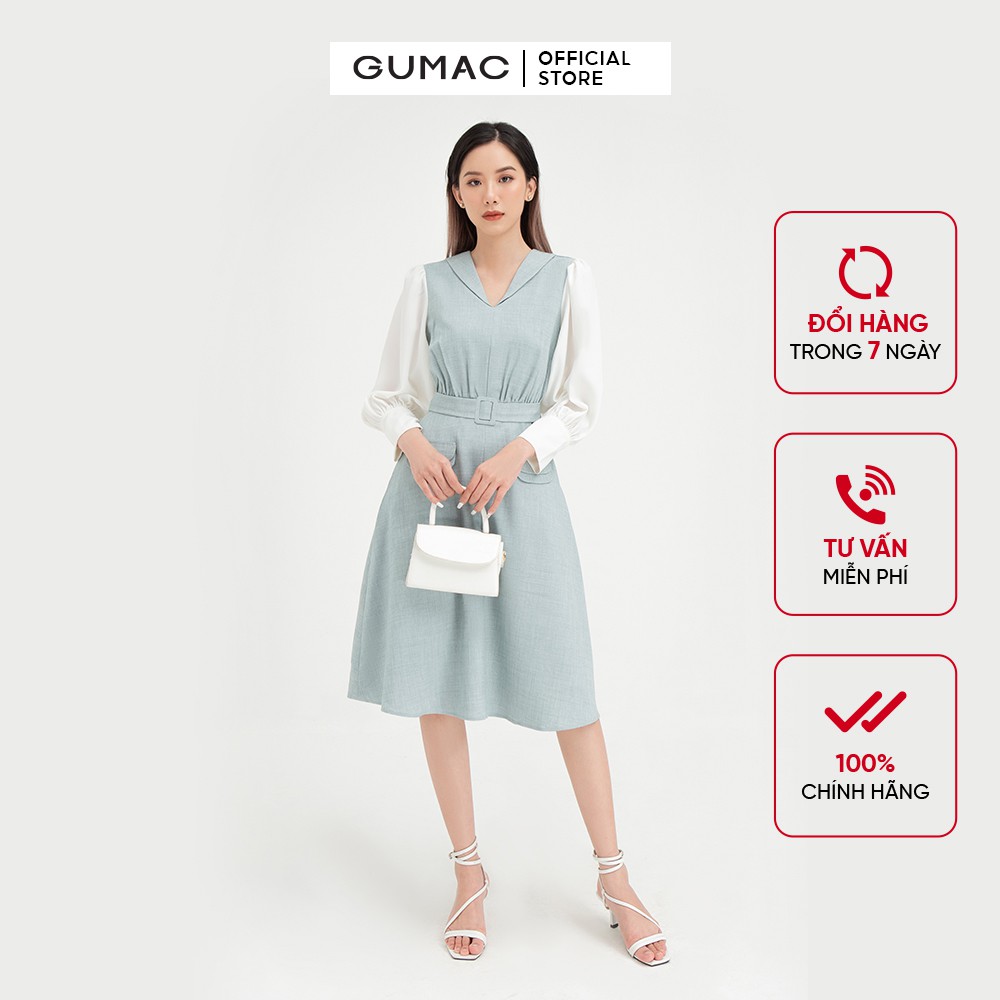 [Mã MABR07062 giảm 8% tối đa 50K đơn từ 249K] Đầm ôm nữ tay dài đai eo GUMAC thiết kế công sở thanh lịch màu xanh DB440
