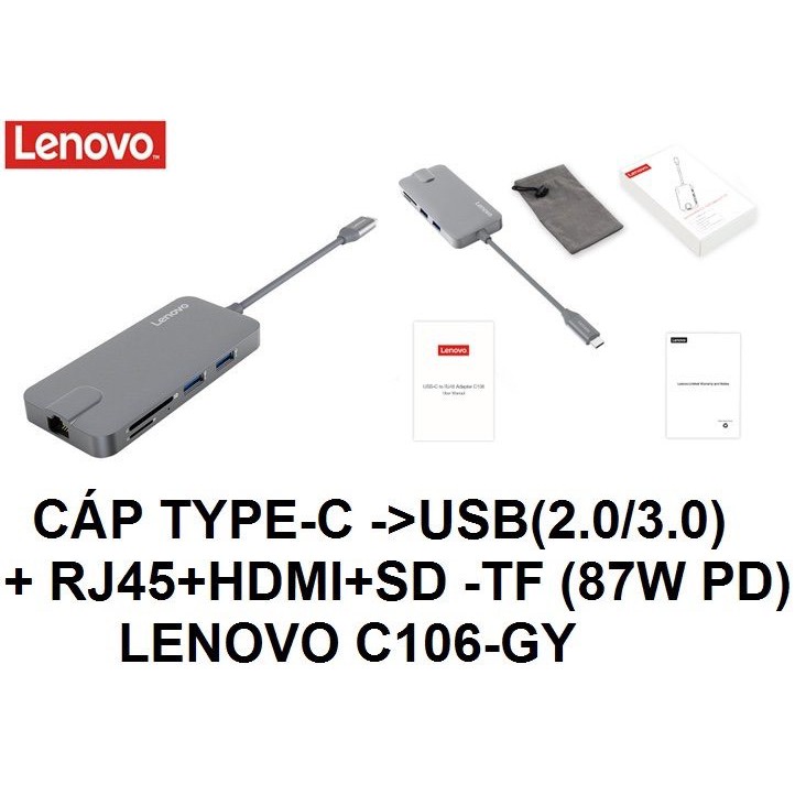 Cáp Type C -&gt; usb (2.0/3.0) RJ45/HDMI/SD/TF LENOVO C106 (87W PD), BỔ CHUYỂN TÍN HIỆU TỪ TYPE C SANG USB RJ45 HDMI SD TF
