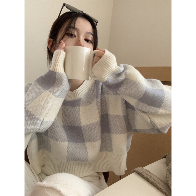 Áo sweater dệt kim cổ tròn tay dài dáng rộng họa tiết kẻ sọc thời trang dành cho nữ 46563
