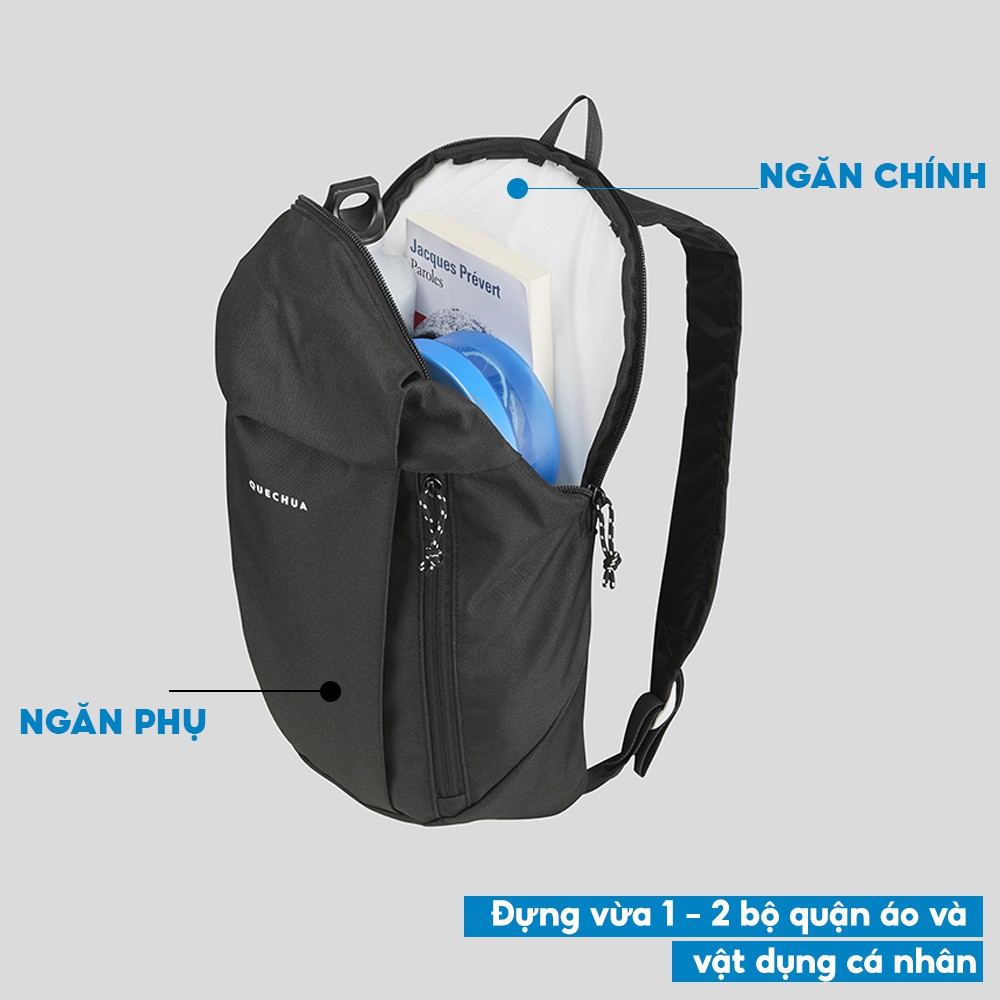 Balo QUECHUA dã ngoại nh100 DECATHLON 10 lít nhỏ gọn - full đen