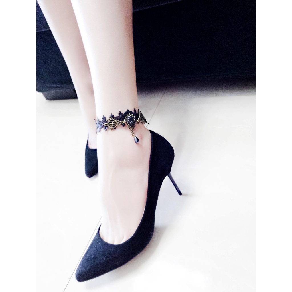 Lắc Chân Ren Đính Đá Đen Phong Cách Mới Cho Nữ