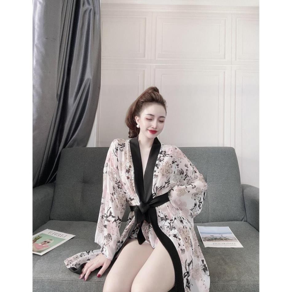 Áo Choàng Ngủ Voan Xuyên Thấu, Áo Choàng Ngủ Kimono Kèm Quần Gợi Cảm Quyến Rủ Cho Nữ.