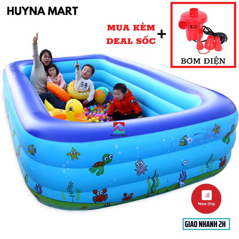 Bể Phao Bơi Cho Bé 2, 3 Tầng Cao Cấp Có Hộp Đế Dày Nhiều Size 1,2m 1,5m 1,8m 2,1m Kèm Bơm Điện Huyna Mart