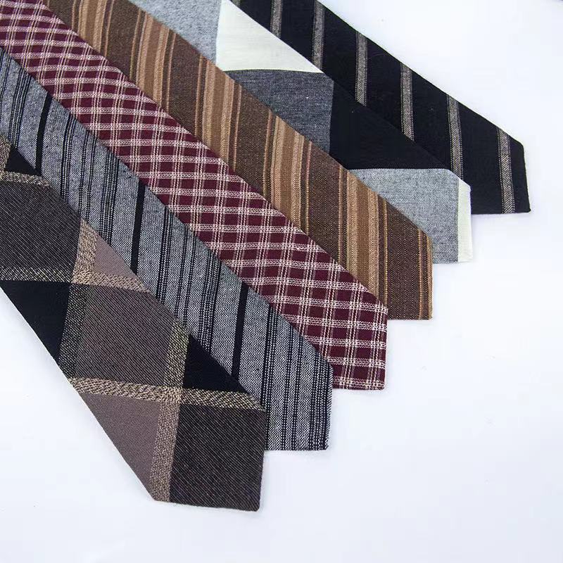 Cà Vạt Cotton Lanh 7cm Kẻ Sọc Vàng Kiểu Retro Anh Cá Tính Cho Nam