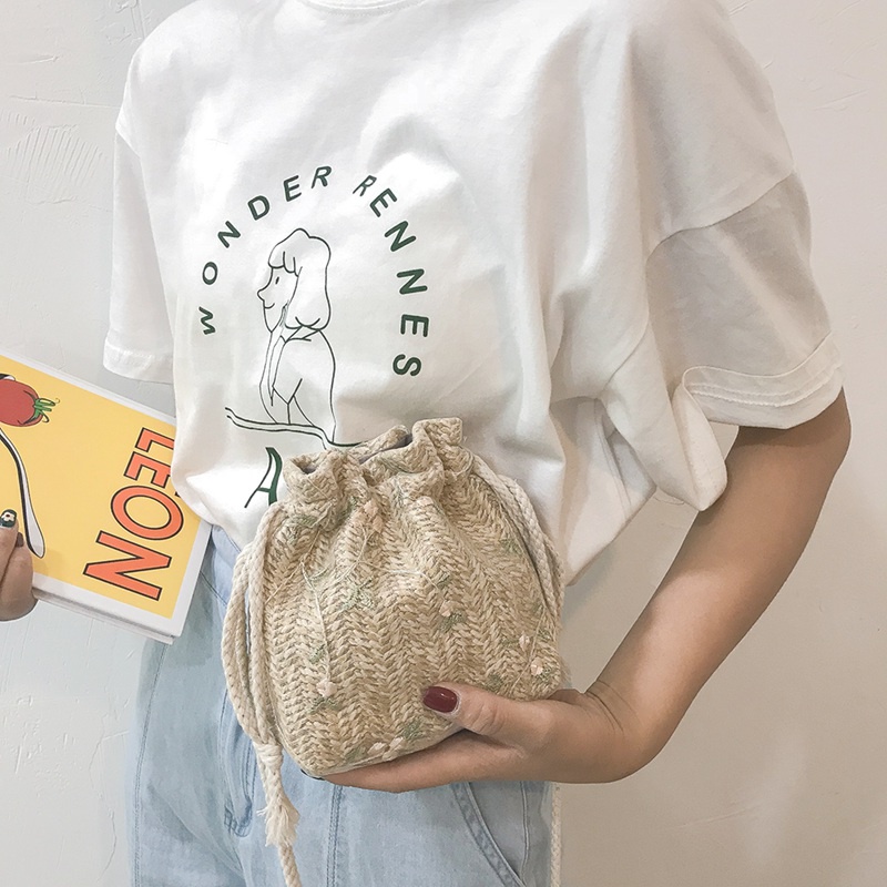 Túi Xách Nữ Túi Cói Đeo Vai Dáng Xô Dây Rút Phối Ren Dễ Thương Thời Trang Cho Nữ