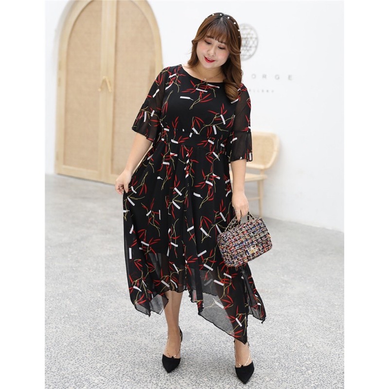 đầm đuôi cá tay loe in hoạ tiết size lớn big size 100-130kg
