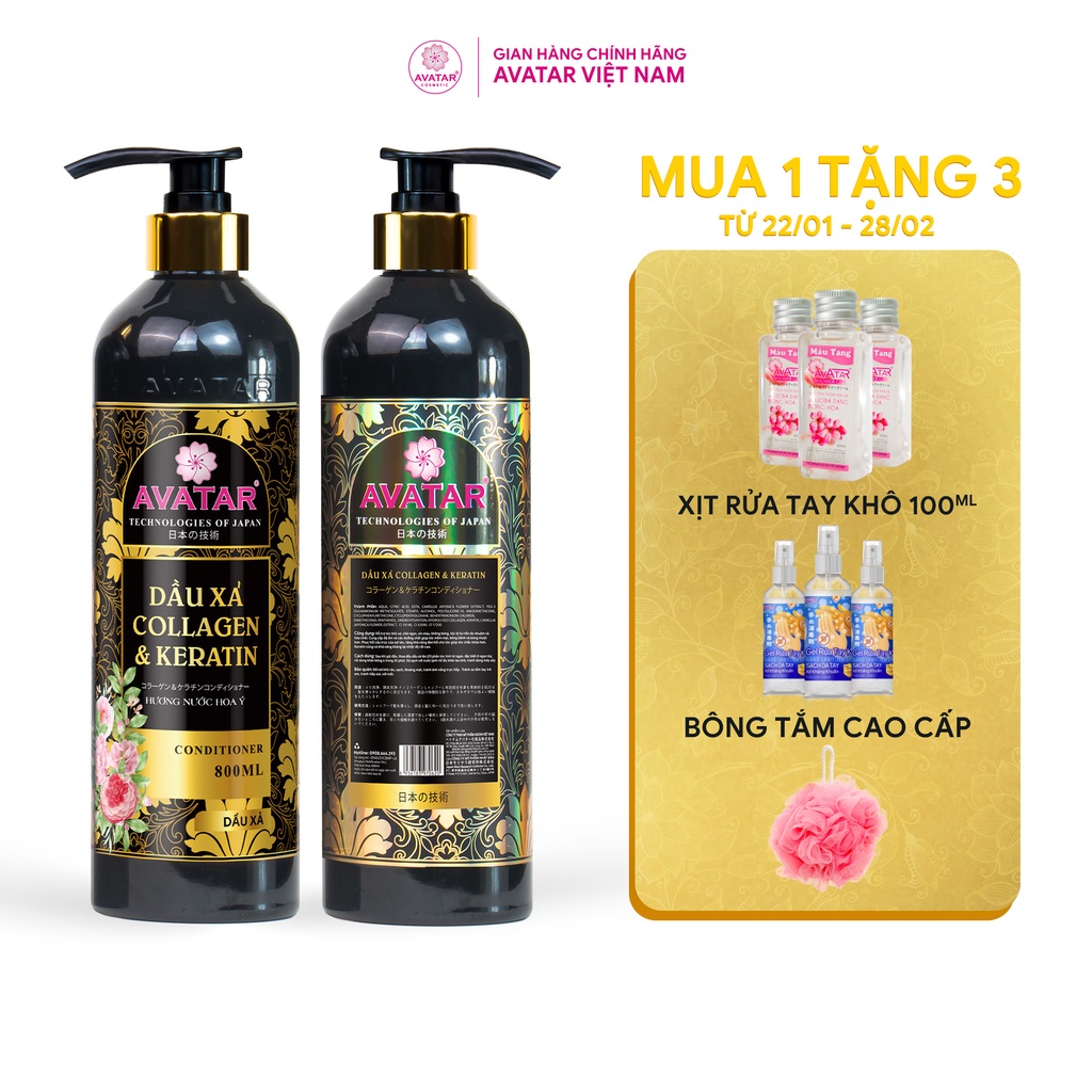 Dầu Xả Avatar Collagen &amp; Keratin Dưỡng Ẩm Phục Hồi Tóc, Mềm Mượt, Sạch Gàu Chai 800ml