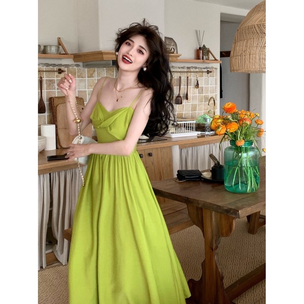 Jiashucheng Đầm Dài Vừa Vặn Không Tay Ôm Dáng Thắt Nút Màu Xanh Lá Mùa Xuân Cho Nữ