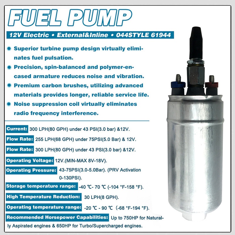 Bơm Nhiên Liệu Ngoài 0580 254 044 Poulor 400Lph Áp Suất Thấp Cho Honda Toyota Nissan Racing