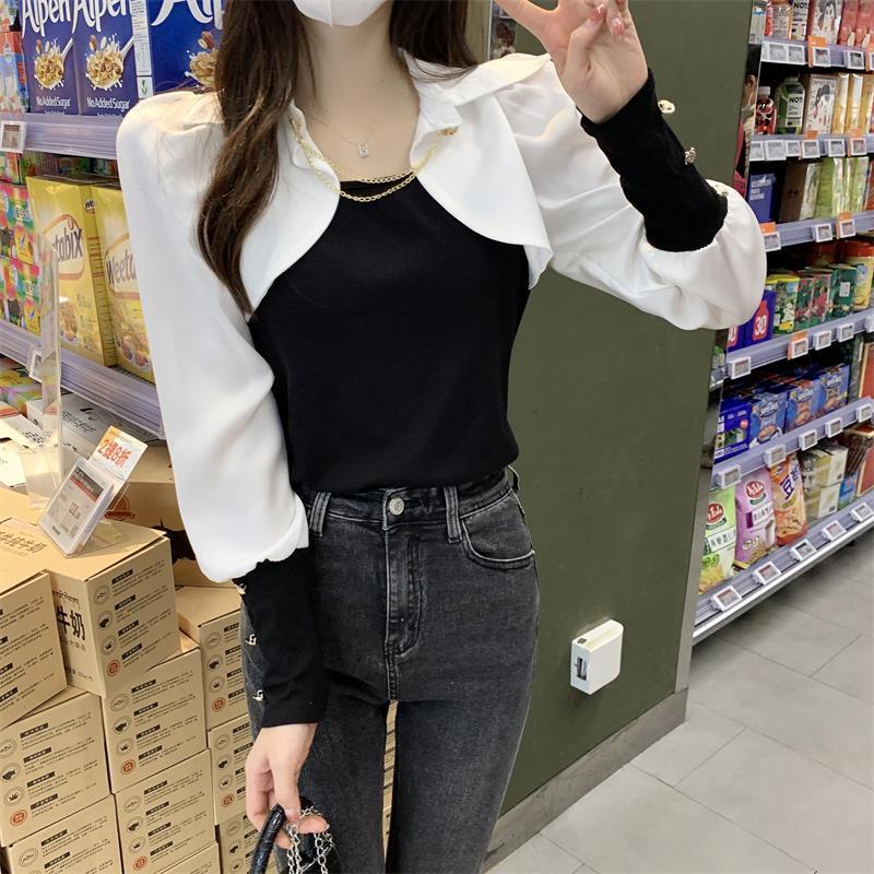 Áo Sơ Mi Giả Hai Lớp Tay Dài Kèm Khăn Choàng Màu Sắc Độc Đáo Dành Cho Nữ