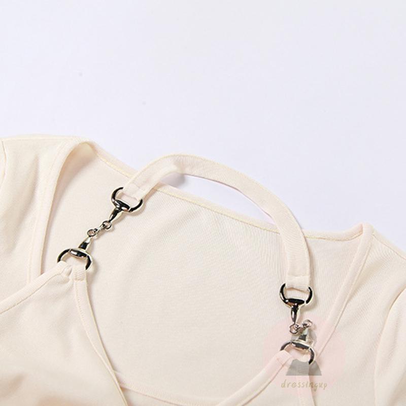 Áo Thun Ngắn Tay Ôm Dáng Phối Dây Xích Thắt Nút Ngực Màu Sắc Độc Đáo Thời Trang Mùa Hè Cho Nữ