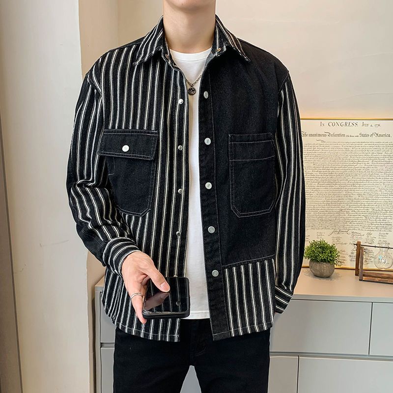 Áo Sơ Mi Nam!Áo Khoác Denim Dáng Rộng Phối Họa Tiết Kẻ Sọc Thời Trang Xuân Thu Phong Cách Hàn Quốc Mới Cho Nam