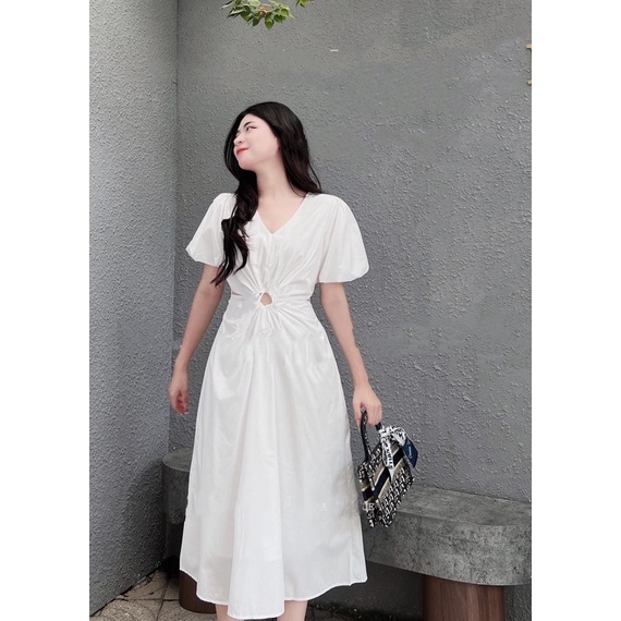 Váy maxi tay bồng khoét eo dáng dài