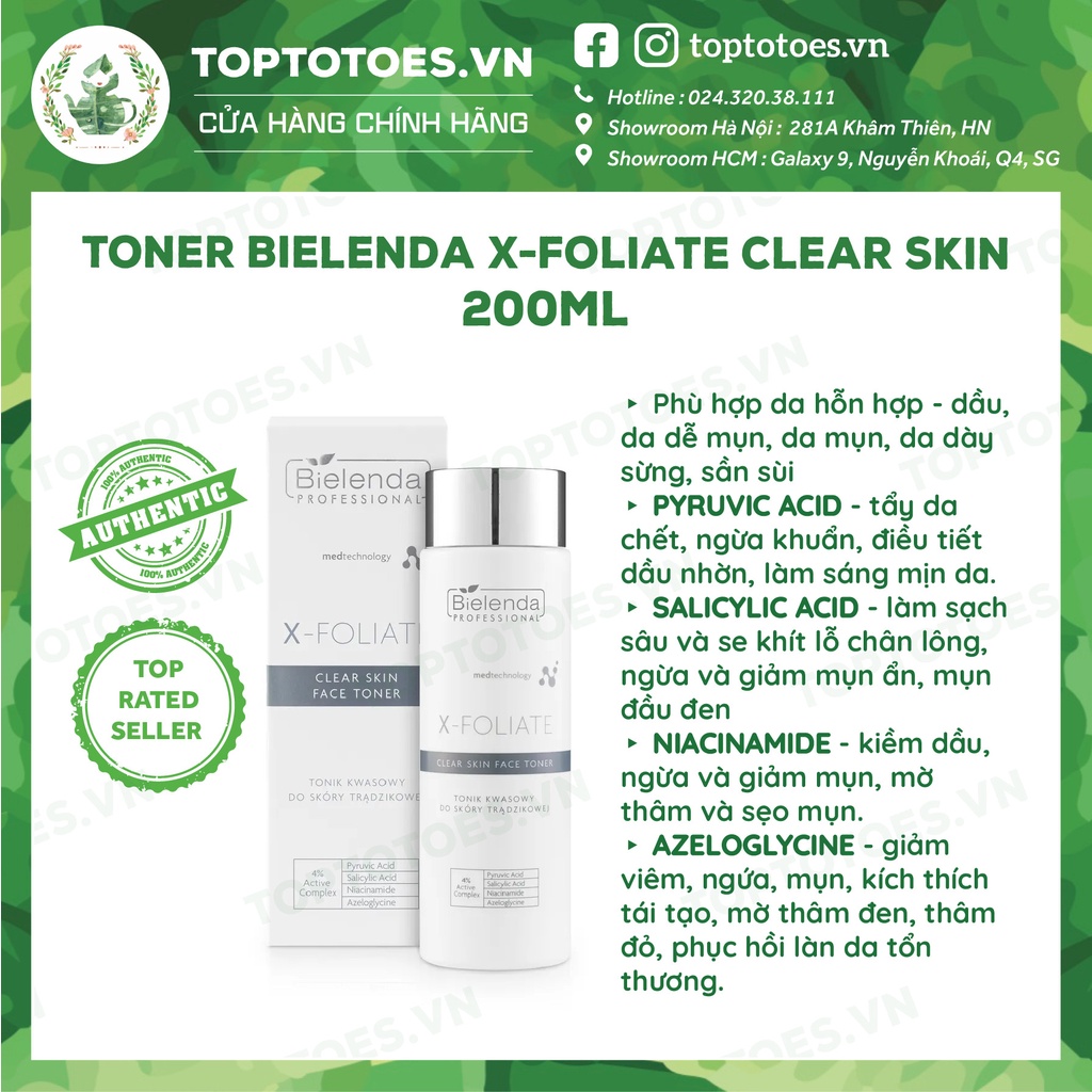 Toner giảm mụn Bielenda Professional X-Foliate Clear Skin with Acids 200ml làm sạch, ngừa viêm, giảm mụn