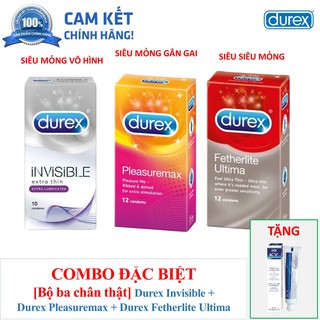 Combo 3 hộp 12 bao cao su durex pleasuremax gân gai + 10 durex invisible siêu mỏng + 12 durex fetherlite siêu mỏng