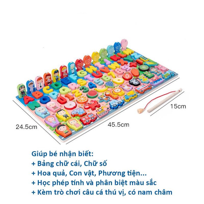 Đồ chơi gỗ 8 trong 1 - 89 và 92 chi tiết chữ cái Tiếng Anh và Tiếng Việt mẫu mới cho bé học và chơi câu cá ghép xếp hình