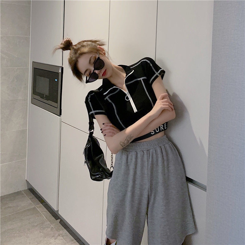 Áo Thun Đen Ngắn Tay Cổ Polo Phối Khóa Kéo Eo Cao Thời Trang Mùa Hè Dành Cho Nữ