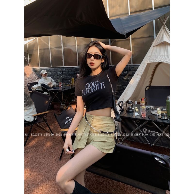 ▣Áo Thun Đen Tay Ngắn Dáng Ôm Đính Đá Phong Cách Âu Mỹ Dễ Phối Đồ