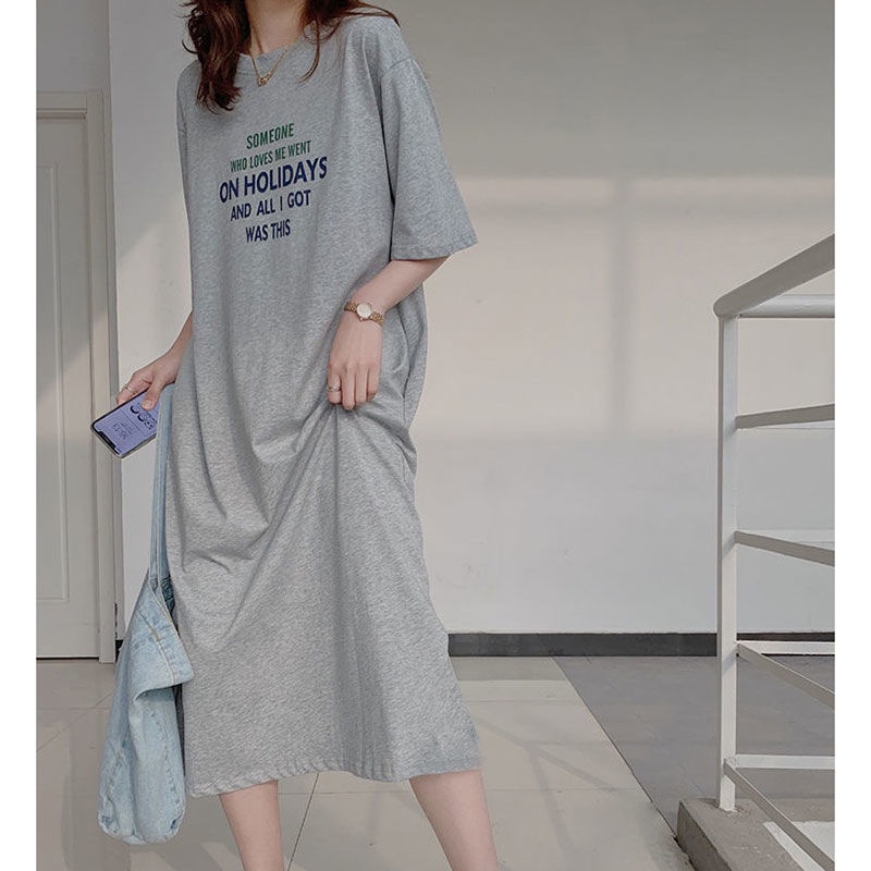 Đầm Thun Dài Qua Gối Tay Ngắn Dáng Rộng Thời Trang Mùa Hè Xinh Xắn Cho Nữ