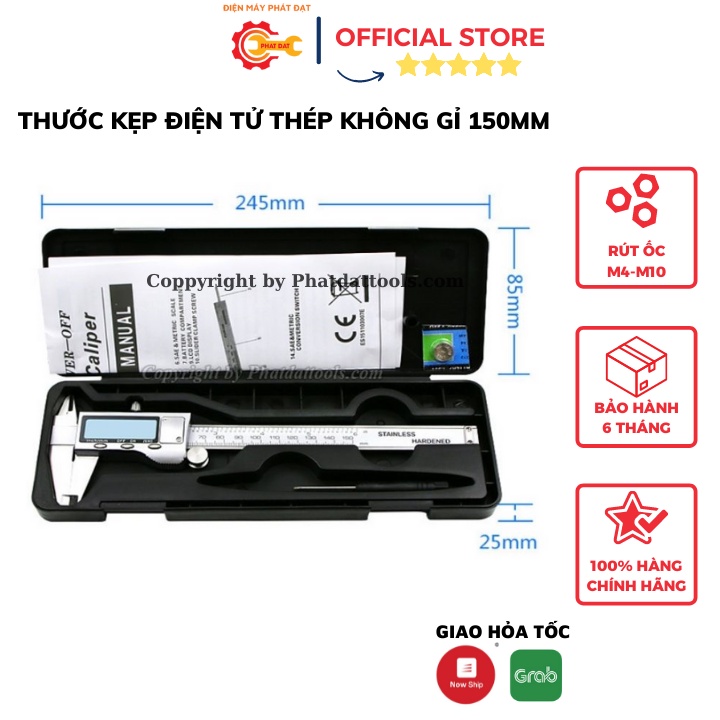 Thước kẹp điện tử 150mm thép không gỉ-Kèm pin sơ cua-Thước cặp