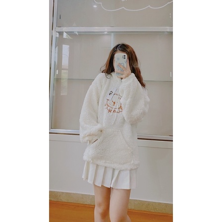 ÁO HOODIE LÔNG THÊU GẤU SAY HIII SIÊU CUTE - Freesize