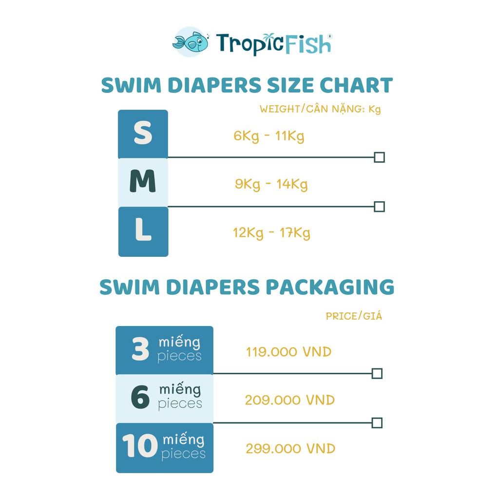 TropicFish Baby Swimdiaper Size S, M, L (3/6/10 pcs)/ Tã Quần Bơi Cho Bé TropicFish size S, M, L (Loại 3/6/10 miếng)