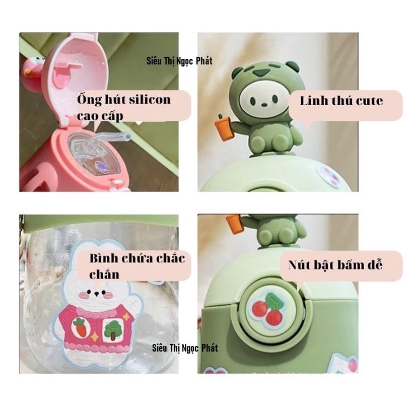 Bình Nước Gấu Ngộ Nghĩnh cho bé_Có Quai Đeo_650ML_Kèm Sticker dán