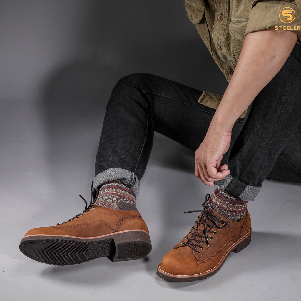 Giày Boots Cổ Thấp Nam Lineman Low-Top Da Bò Nâu Sáp Đế Khâu Mckay - Work Boots Thương Hiệu Steeler