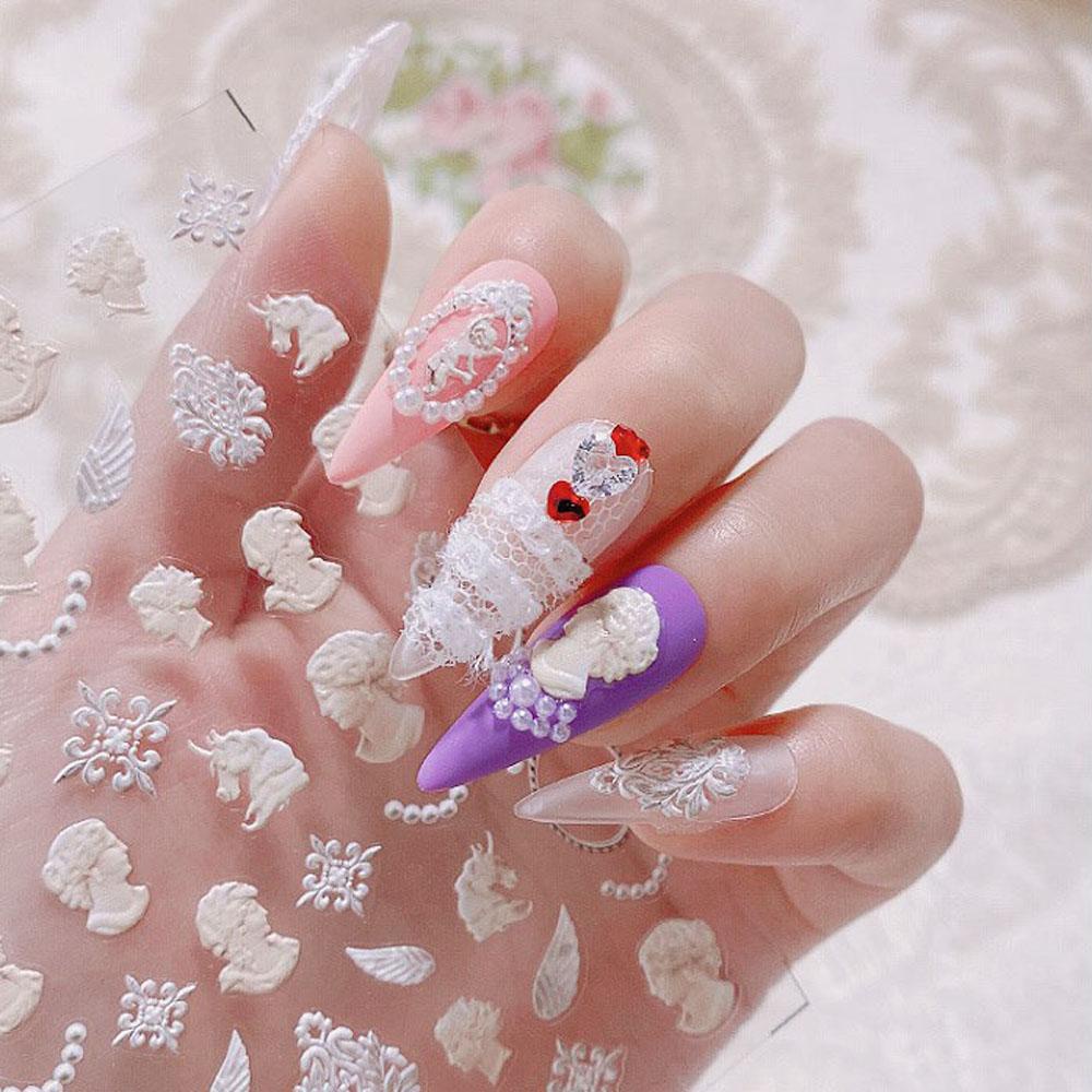 QQMALL Miếng Dán Móng Tay Tự Dính Họa Tiết Ren Thỏ Gothic Dành Cho Cô Dâu