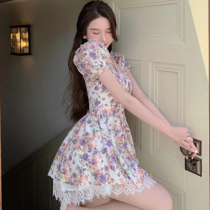 Đầm Chiffon Tay Ngắn Cổ Vuông In Họa Tiết Hoa Thời Trang Mùa Hè Phong Cách Retro Pháp Cho Nữ