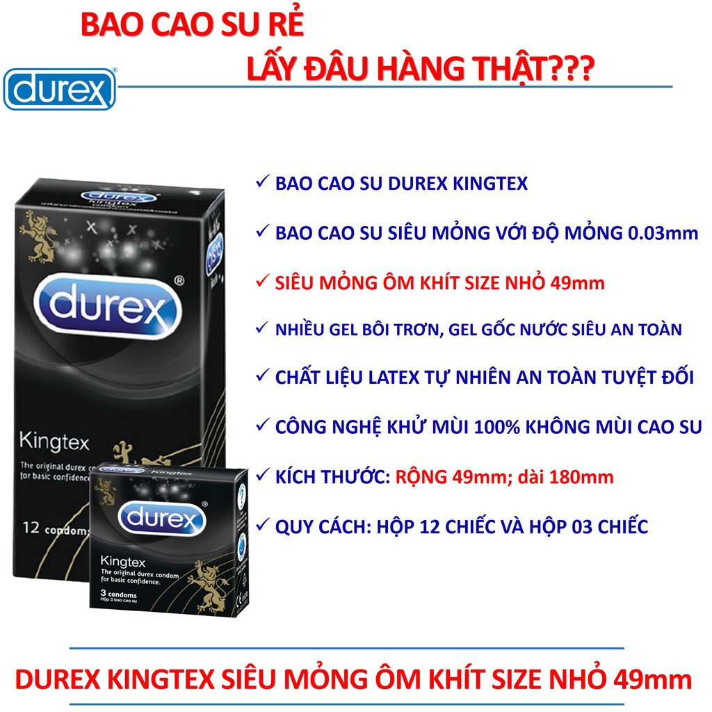 [DUREX CHÍNH HÃNG] Bao Cao Su Siêu Mỏng Ôm Khít size nhỏ 49mm Durex Kingtex hộp 12 bao