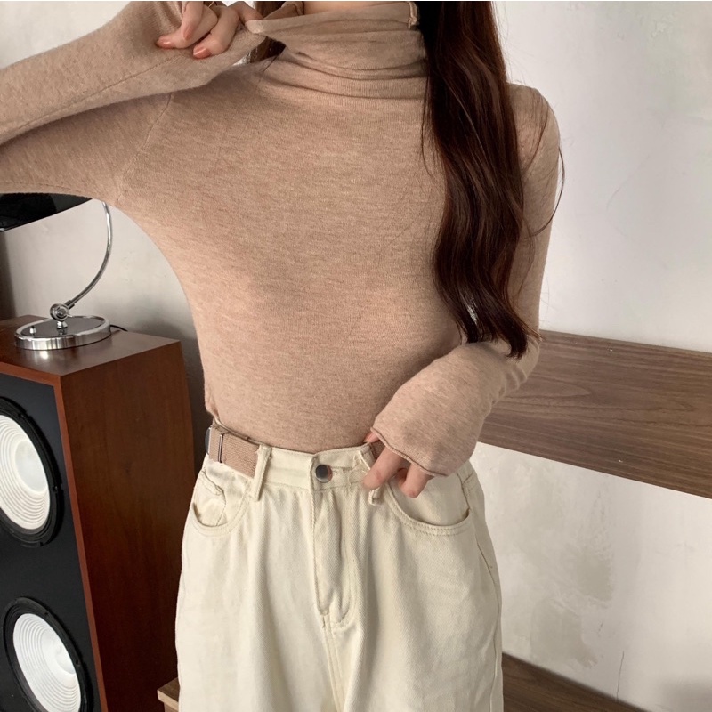 Áo len thun cổ lọ cao dệt kim dáng ôm dài tay nữ màu đen, màu nâu nhạt, màu đậm