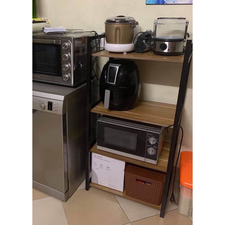 Trợ Giá Shopee Kệ Để Lò Vi Sóng Chắc Chắn, Siêu Đẹp. Khung Đen- Sàn Gỗ
