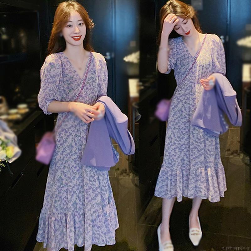 Đầm maxi tay ngắn hoạ tiết hoa thiết kế cổ chữ V thời trang nữ tính