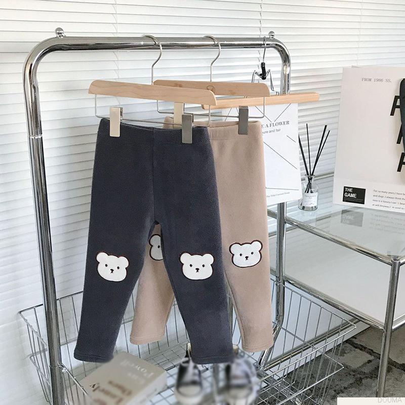 Quần legging lông cừu dày giữ ấm mùa đông in hình gấu hoạt hình dễ thương cho bé gái