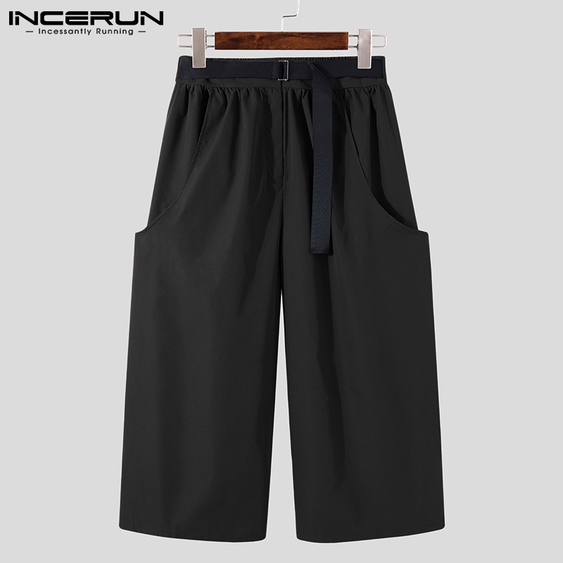 Quần INCERUN ống rộng eo có thắt lưng phong cách vintage thời trang cho nam