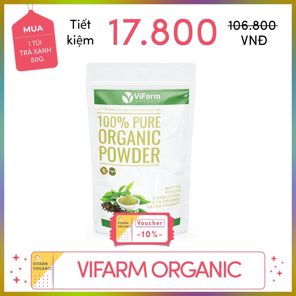 Bột matcha trà xanh VIFARM 50gram, bột làm bánh, đắp mặt, từ 100% trà xanh nguyên chất